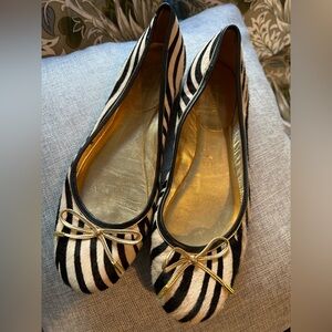 Coach Zebra print pony hair style ballet flats with gold bows. Size 8